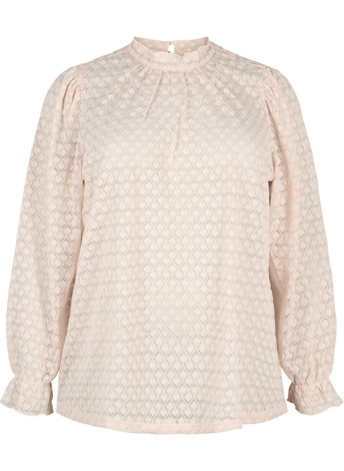 Långärmad blus med mönstrad struktur, Whisper Pink, Packshot image number 0
