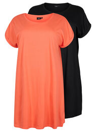 2-pack klänningar i bomull med korta ärmar, Living Coral / Black