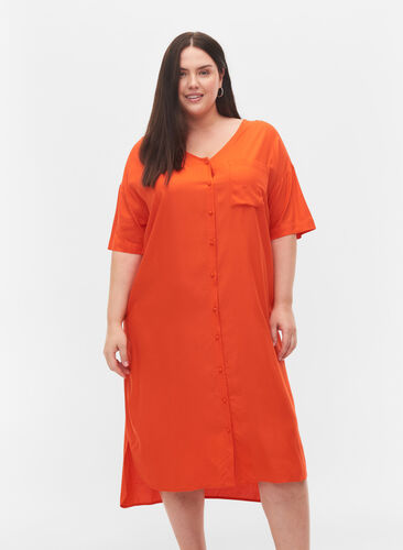 Kortärmad skjortklänning i viskos, Mandarin Red, Model image number 0