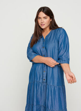 Midiklänning med knappar och 3/4 ärmar, Blue denim, Model image number 2