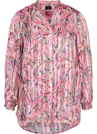 Mönstrad tunika med v-ringning och långa ärmar, Pink Feather, Packshot image number 0