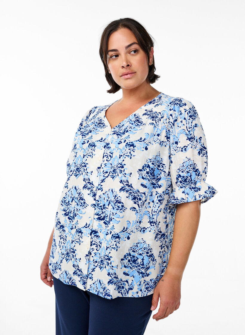 Skjortblus med halvl&aring;nga &auml;rmar, Beige, Model image number 0