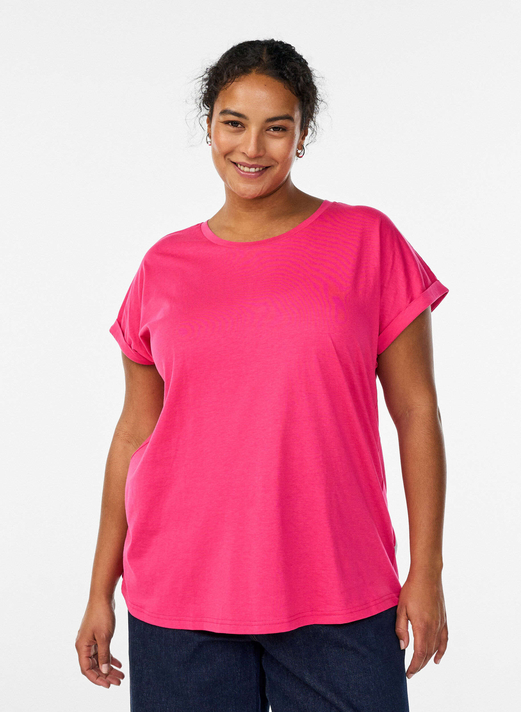 Kort&auml;rmad t-shirt i bomullsmix, Rosa, Model