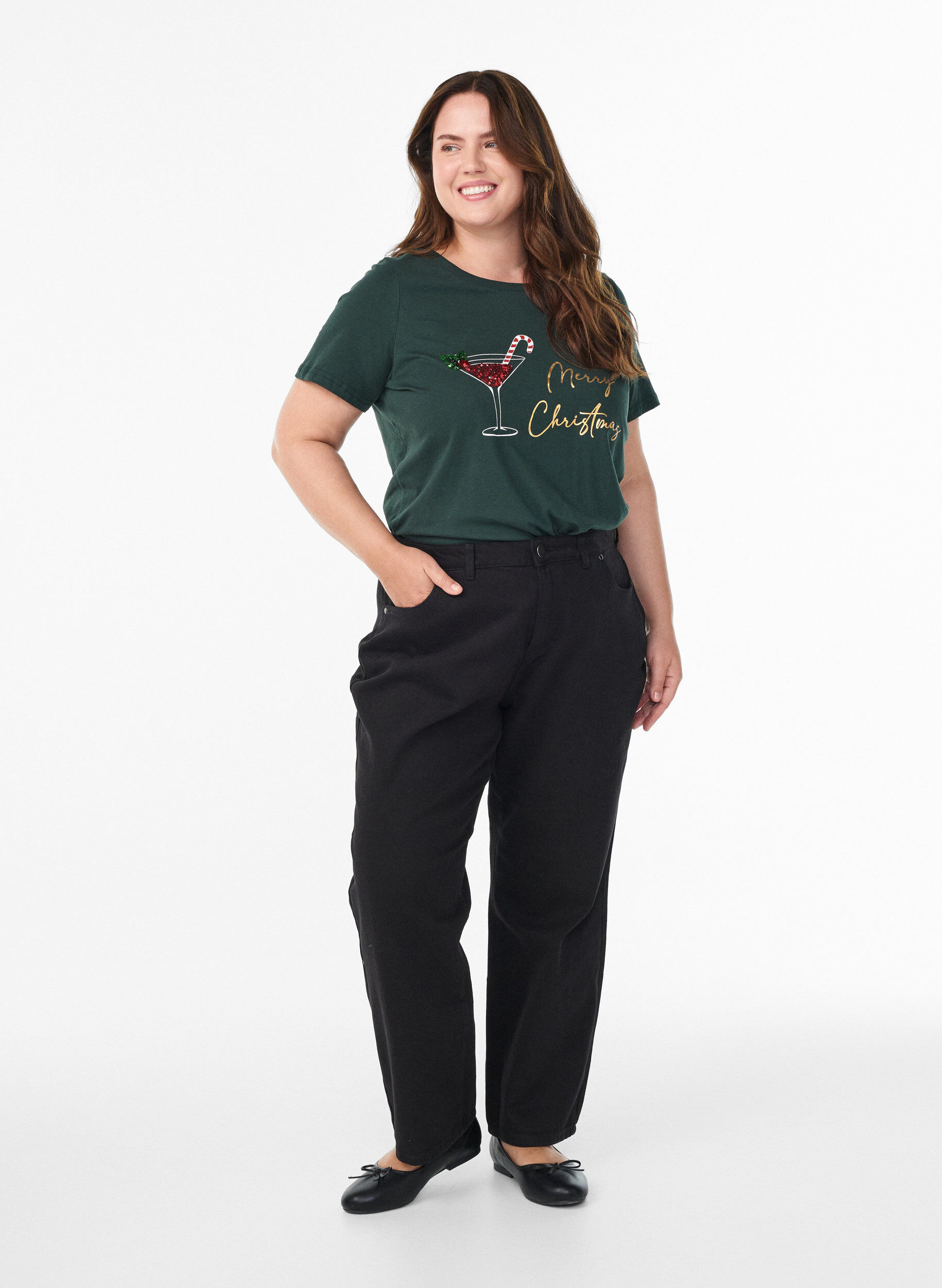 Zizzi Jul-t-shirt i ekologisk bomull, Gr&ouml;n, Model image number 1