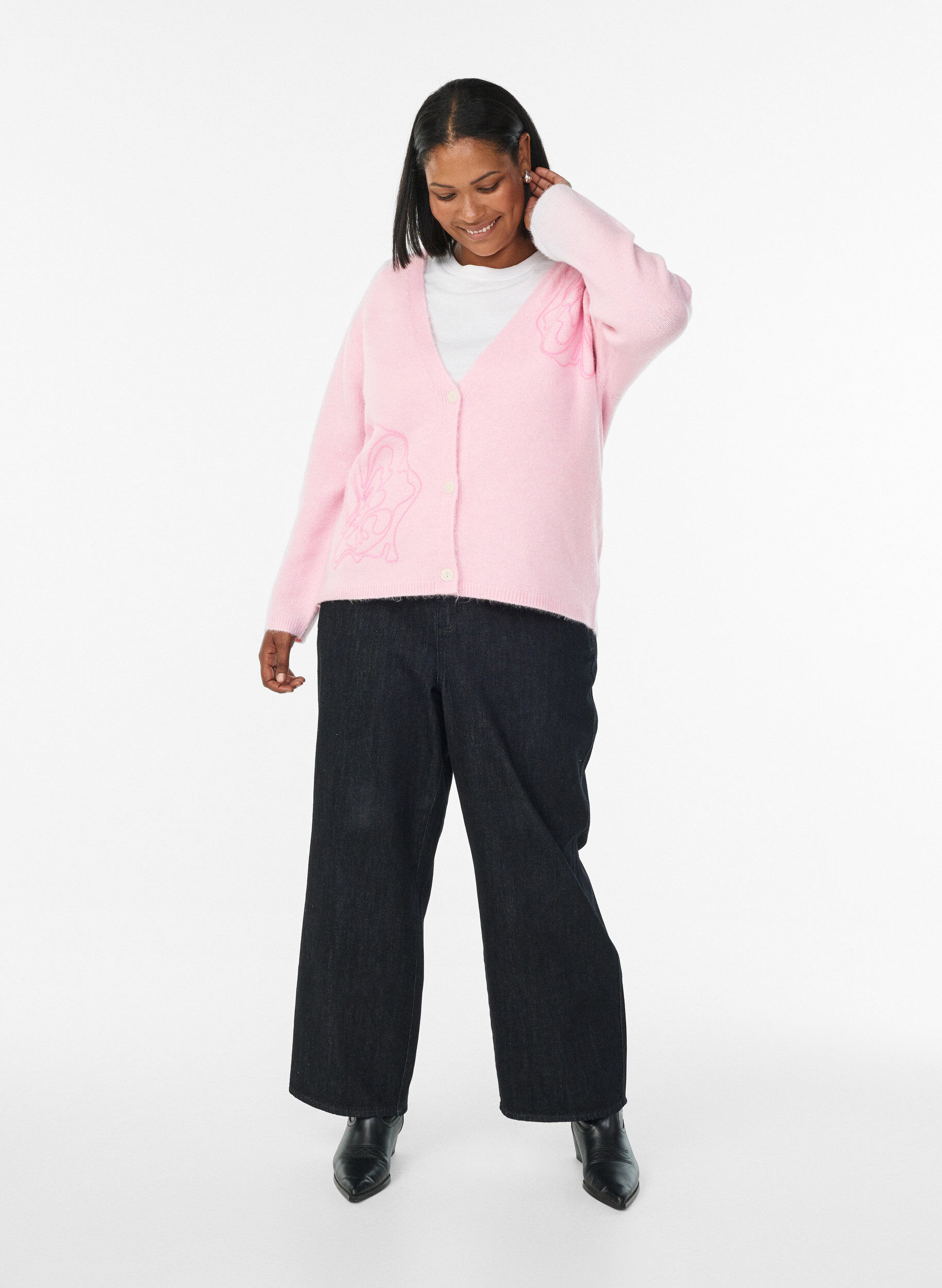 Zizzi Cardigan med v-ringning och broderade blommor, Rosa, Model image number 1