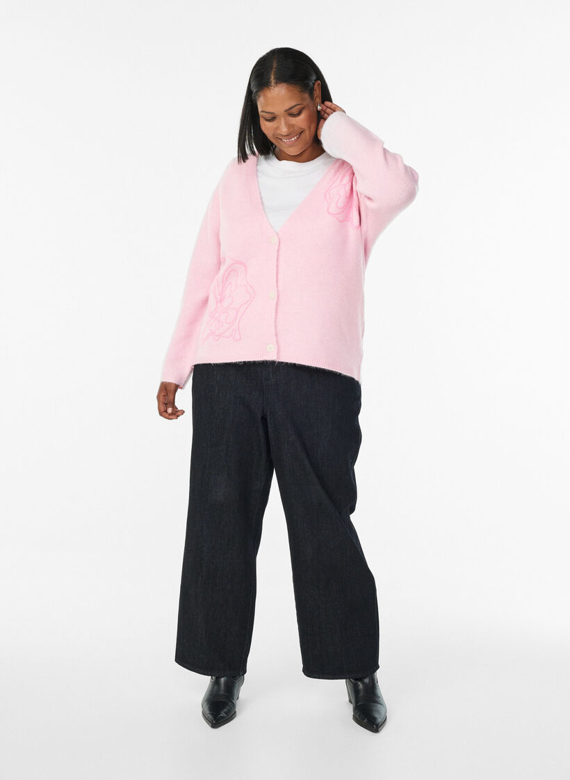 Cardigan med v-ringning och broderade blommor, Rosa, Model image number 1