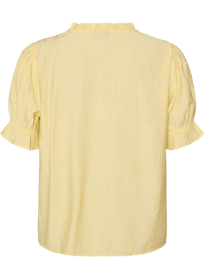 Kort&auml;rmad blus i en viskosblandning med struktur och volang&auml;rmar, Gul, Packshot image number 1
