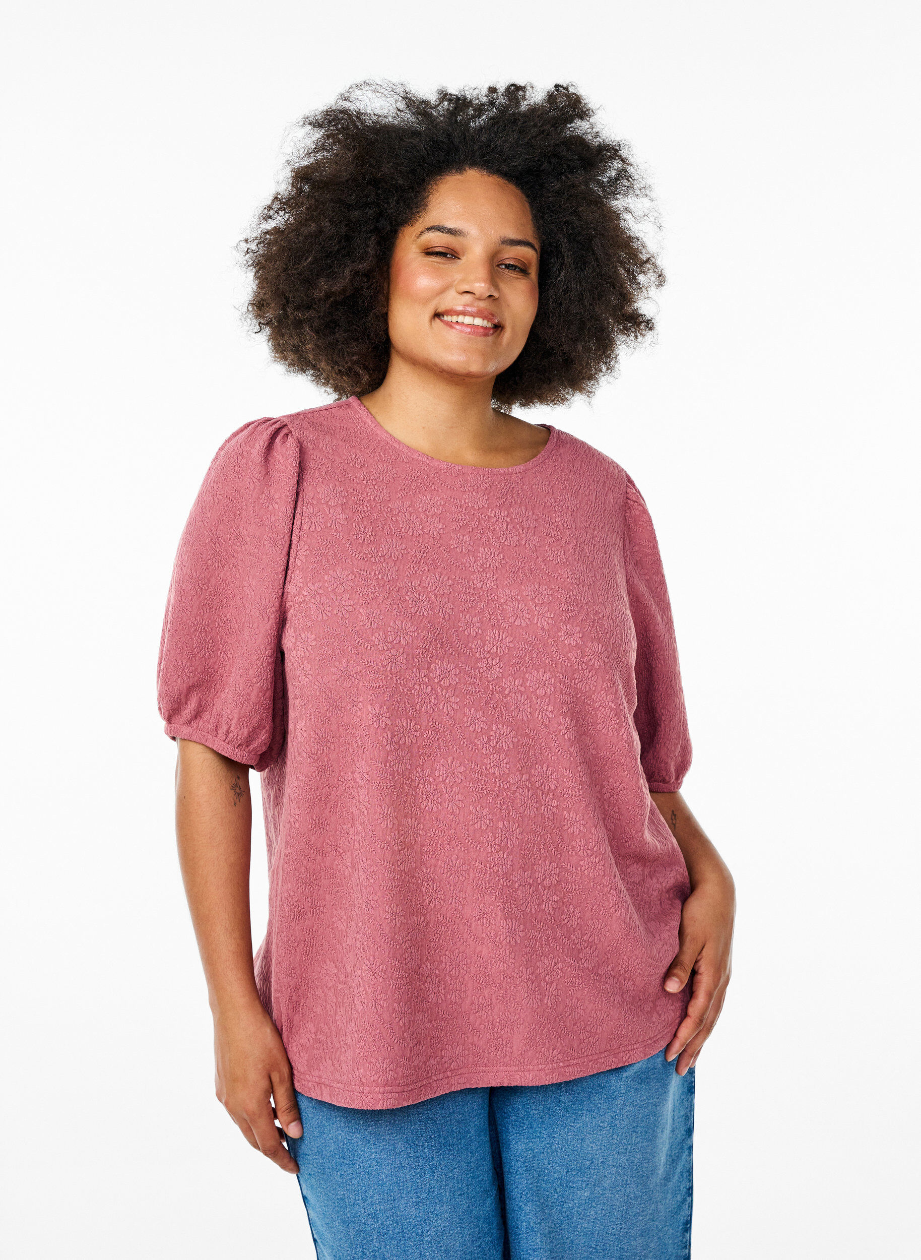 ZizziStrukturerad blus med korta &auml;rmar, Rosa, Model image number 0
