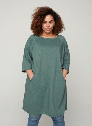 Sweatklänning med 3/4 ärmar och fickor, Balsam Green Mel, Model image number 0