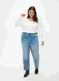 Croppade jeans med råa kanter och hög midja, Light blue denim, Model