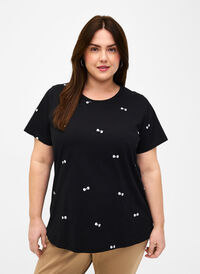 T-shirt i ekologisk bomull med rosetter, Black W. Bow Emb. , Model