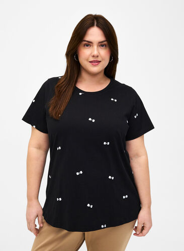 T-shirt i ekologisk bomull med rosetter, Black W. Bow Emb. , Model image number 0