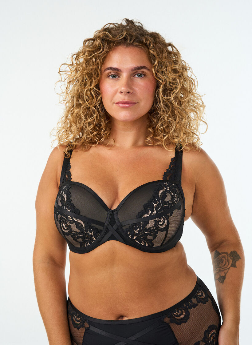 Formpressad bygel-BH med blommig spets, Svart, Model image number 0