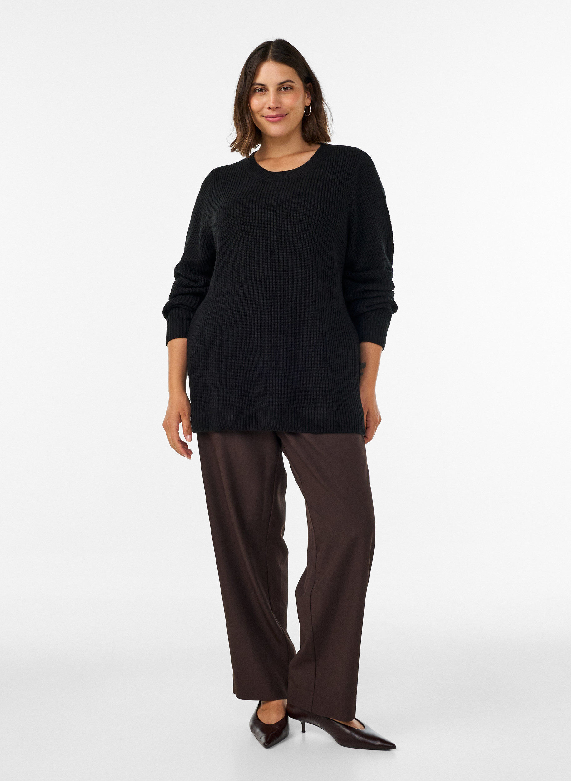 ZizziStickad blus med ribbstruktur och knappdetaljer, Svart, Model image number 1