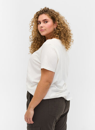 T-shirt i ekologisk bomull och v-ringning med snörning, Warm Off-white, Model image number 1