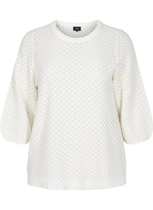 Stickad tröja i ekologisk bomull med mönster och 3/4-ärmar, Cloud Dancer, Packshot image number 0