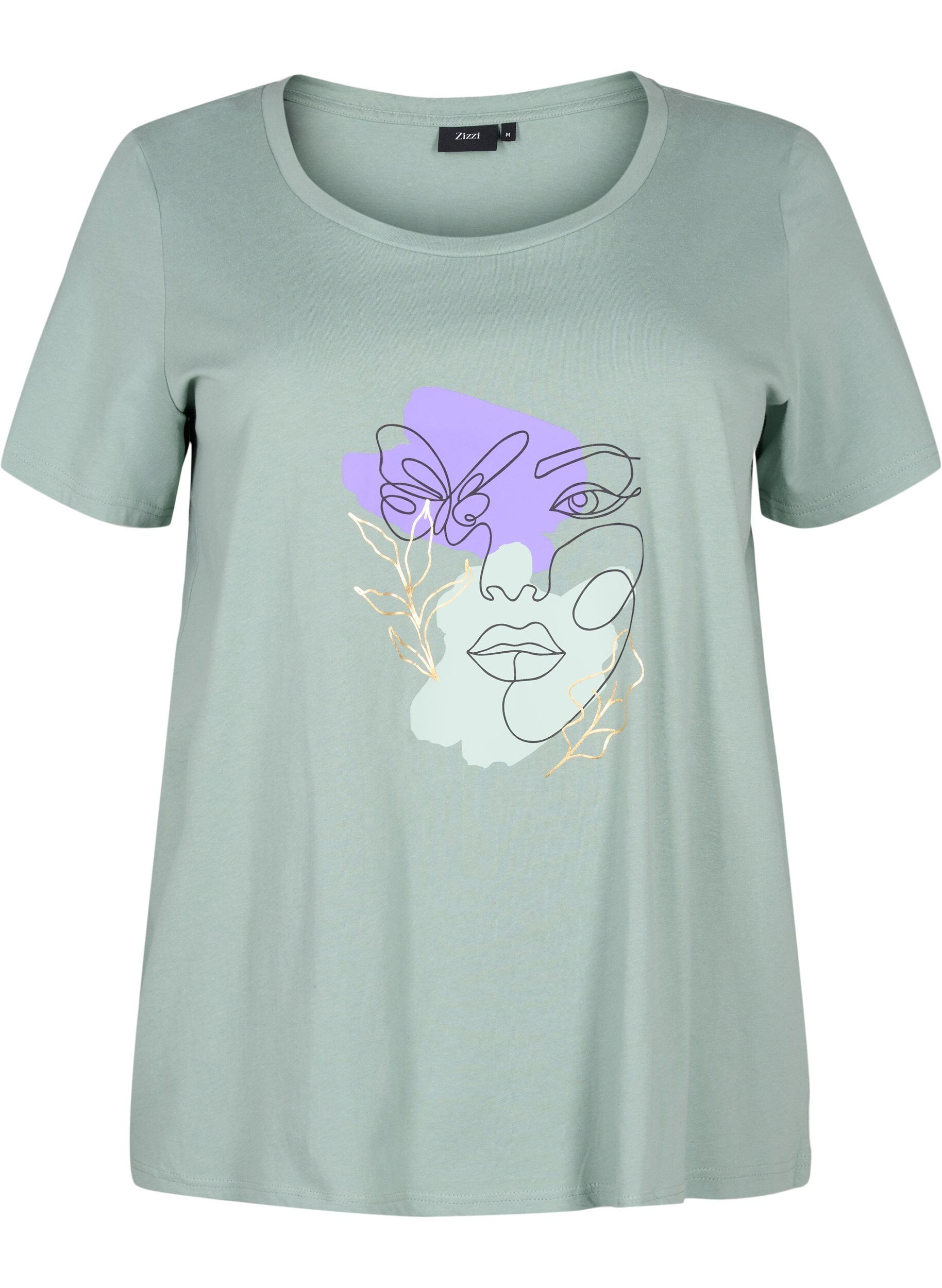 Zizzi T-shirt i bomull med motiv, Ch. Green w. Face, Packshot image number 0