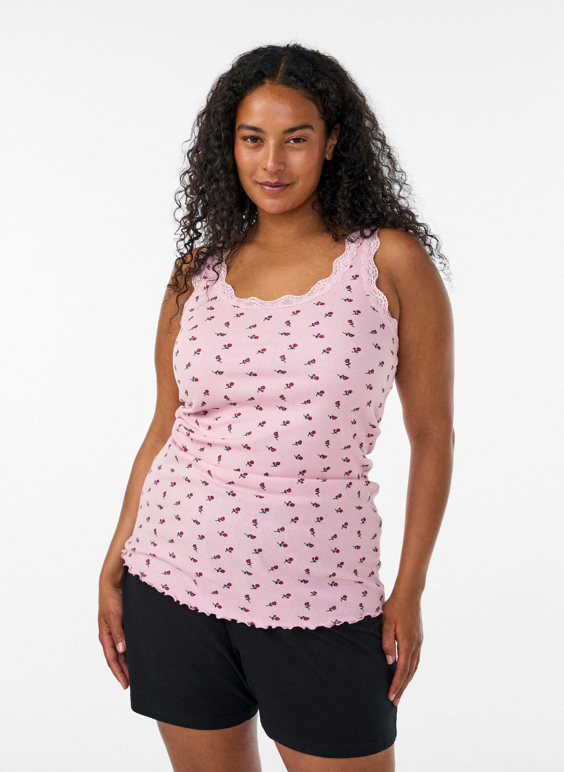 ZizziTopp med tryck och spetskant, Rosa, Model image number 0