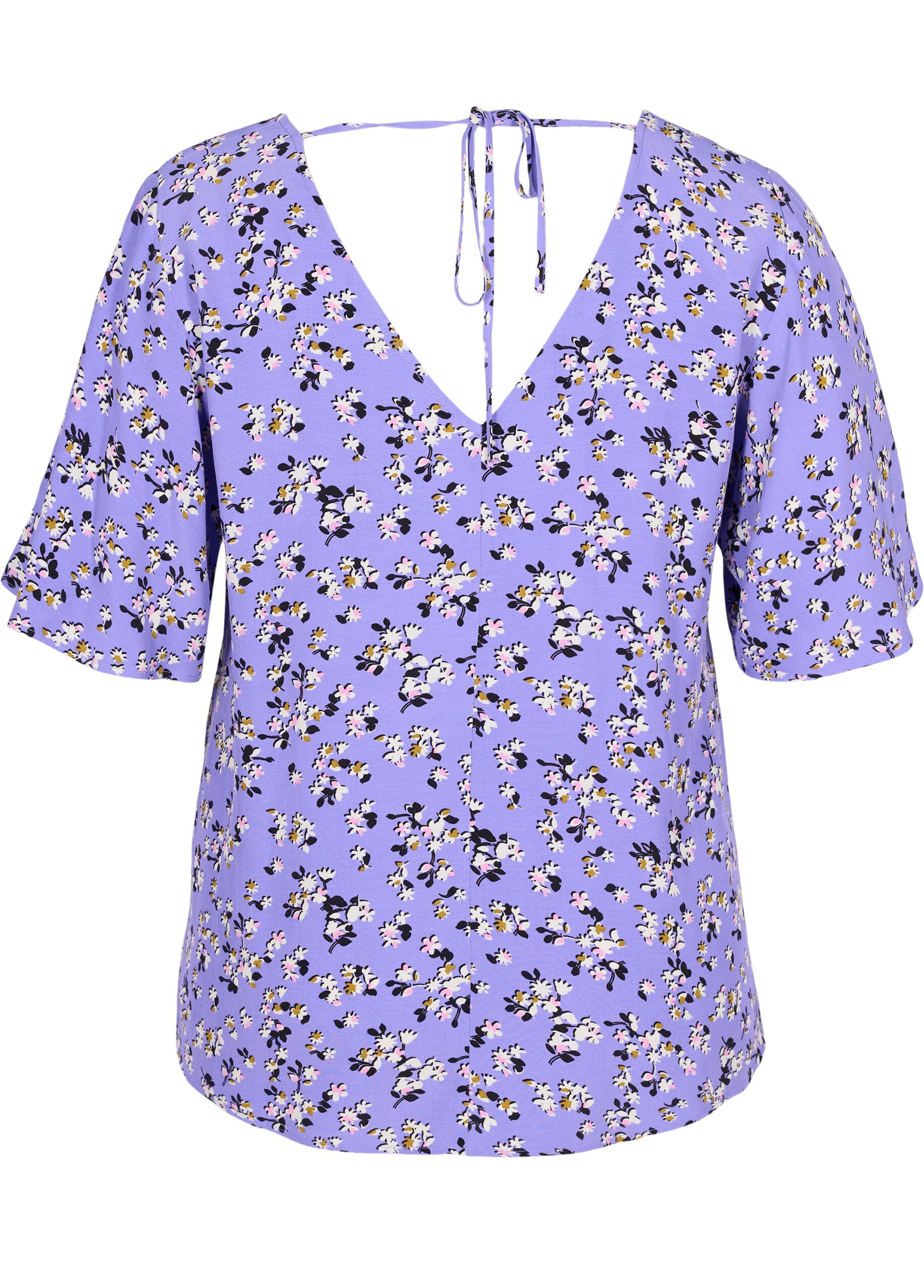 Zizzi Blommig viskosblus med sn&ouml;rdetalj, Lilac Flower Print, Packshot image number 1