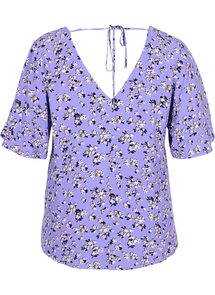 Blommig viskosblus med snördetalj, Lilac Flower Print, Packshot image number 1