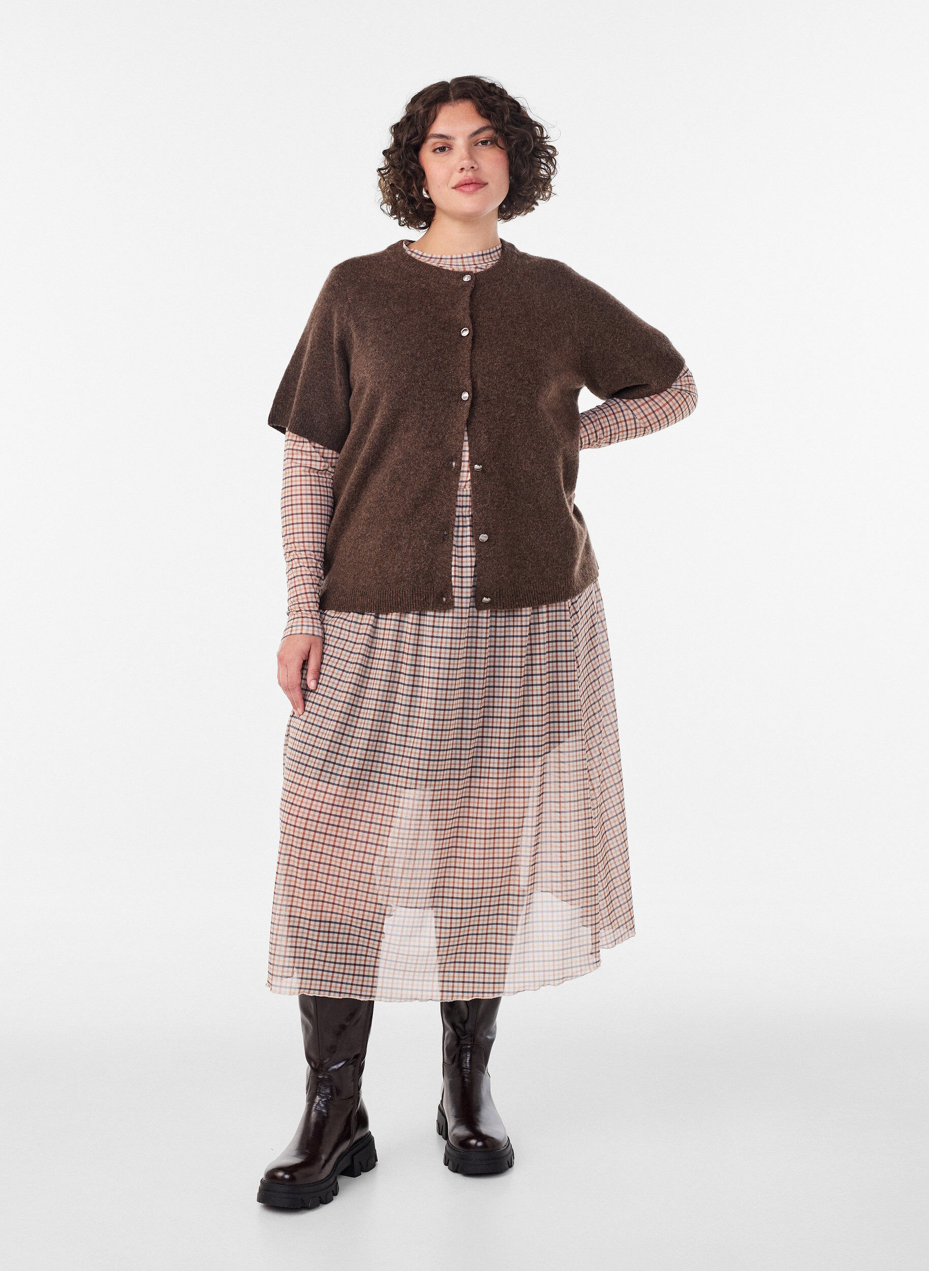 Rutig blus i mesh, Beige, Model