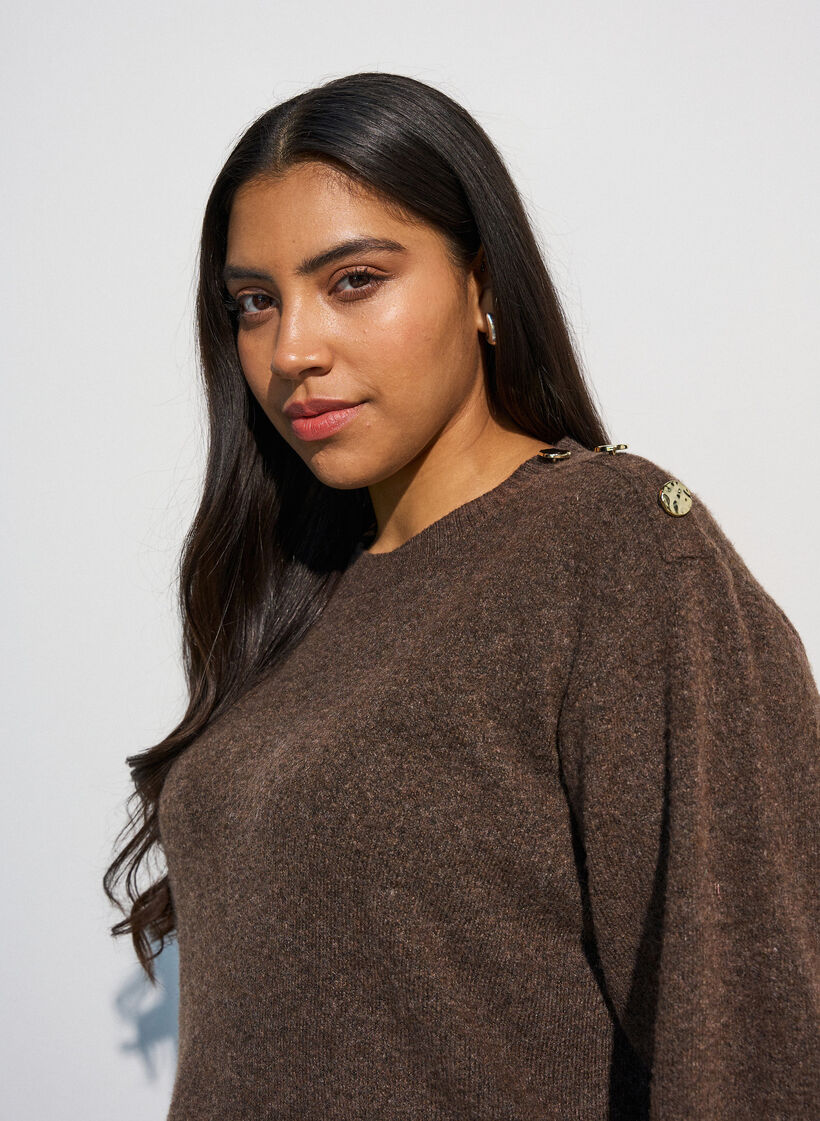 Stickad blus med knappdetalj, Brun, Model image number 3