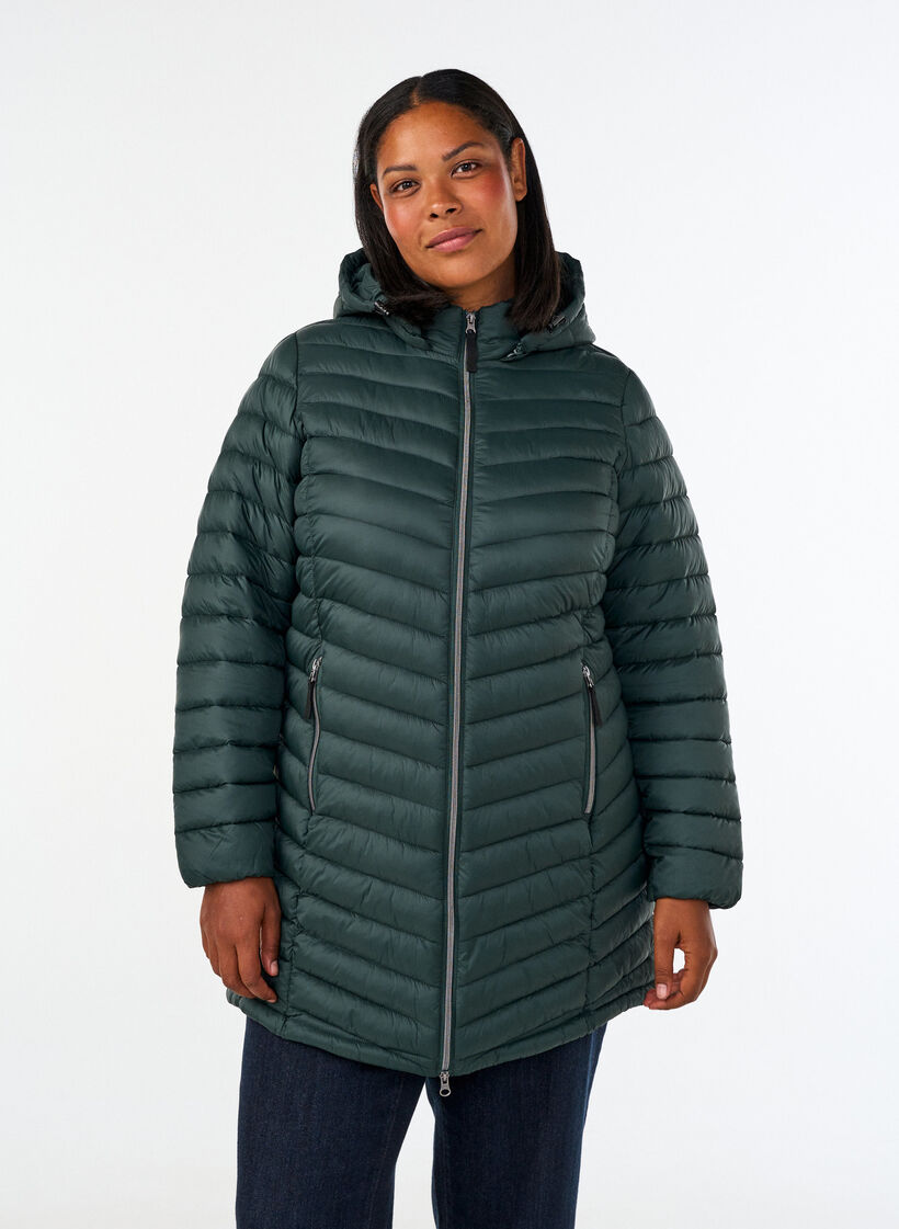 L&auml;ttviktsjacka med fickor och avtagbar huva, Gr&ouml;n, Model image number 0