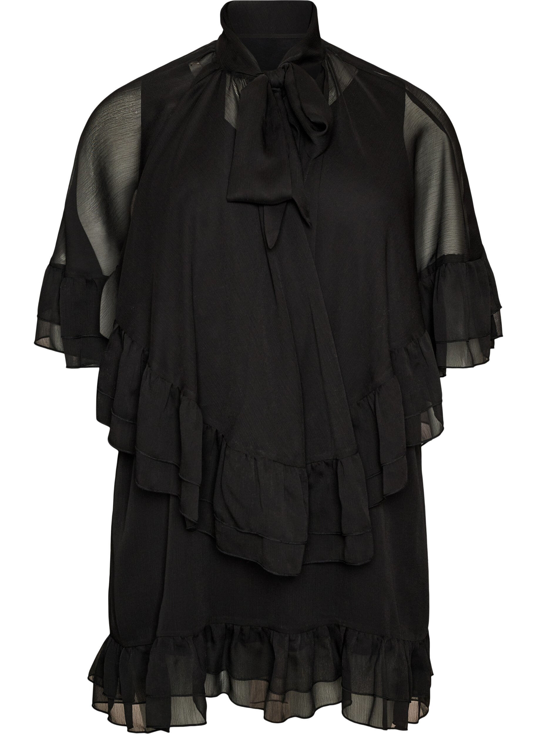 Zizzi&Auml;rml&ouml;s kl&auml;nning med cape i chiffong, Svart, Packshot image number 0