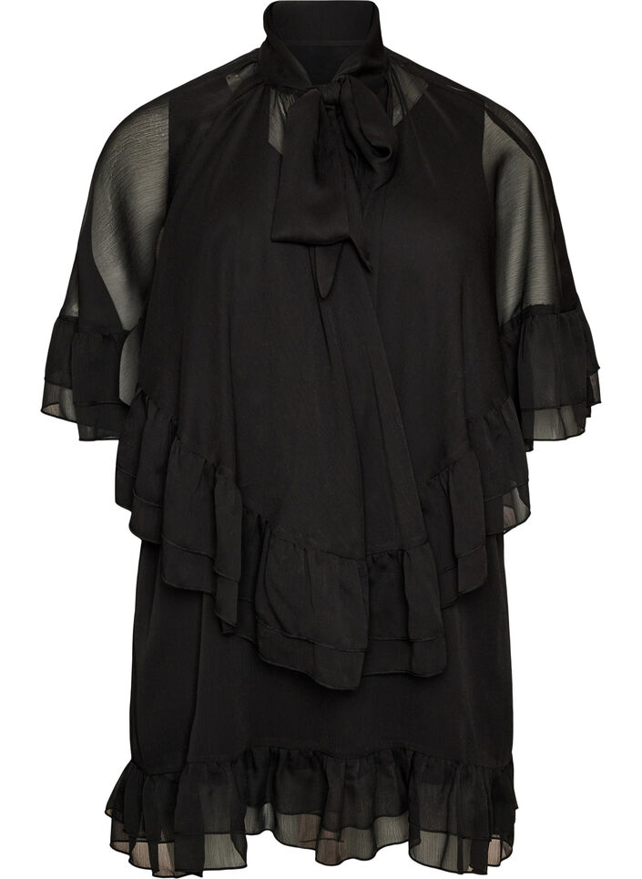 &Auml;rml&ouml;s kl&auml;nning med cape i chiffong, Svart, Packshot image number 0