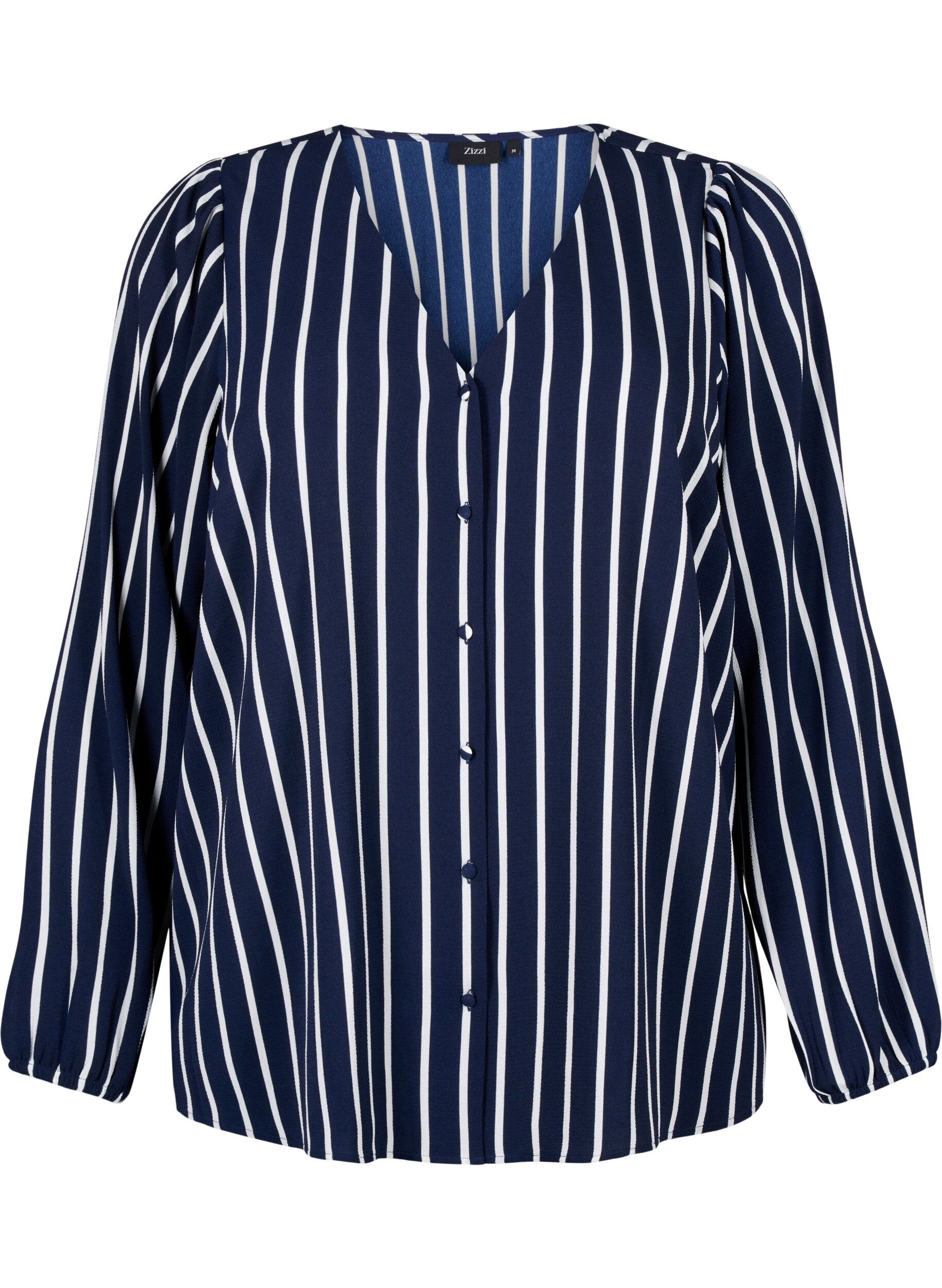 Zizzi Skjortblus med V-ringning och tryck, Maritime Blue Stripe, Packshot image number 0