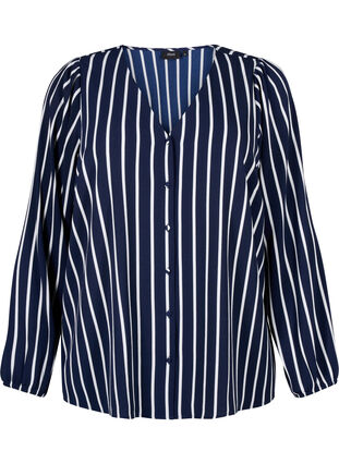 Skjortblus med V-ringning och tryck, Maritime Blue Stripe, Packshot image number 0