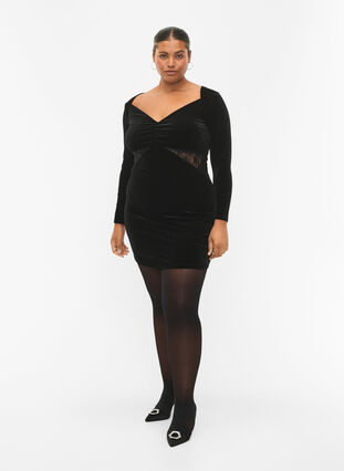 Kort klänning i velour med spetsdetalj, Black, Model image number 3