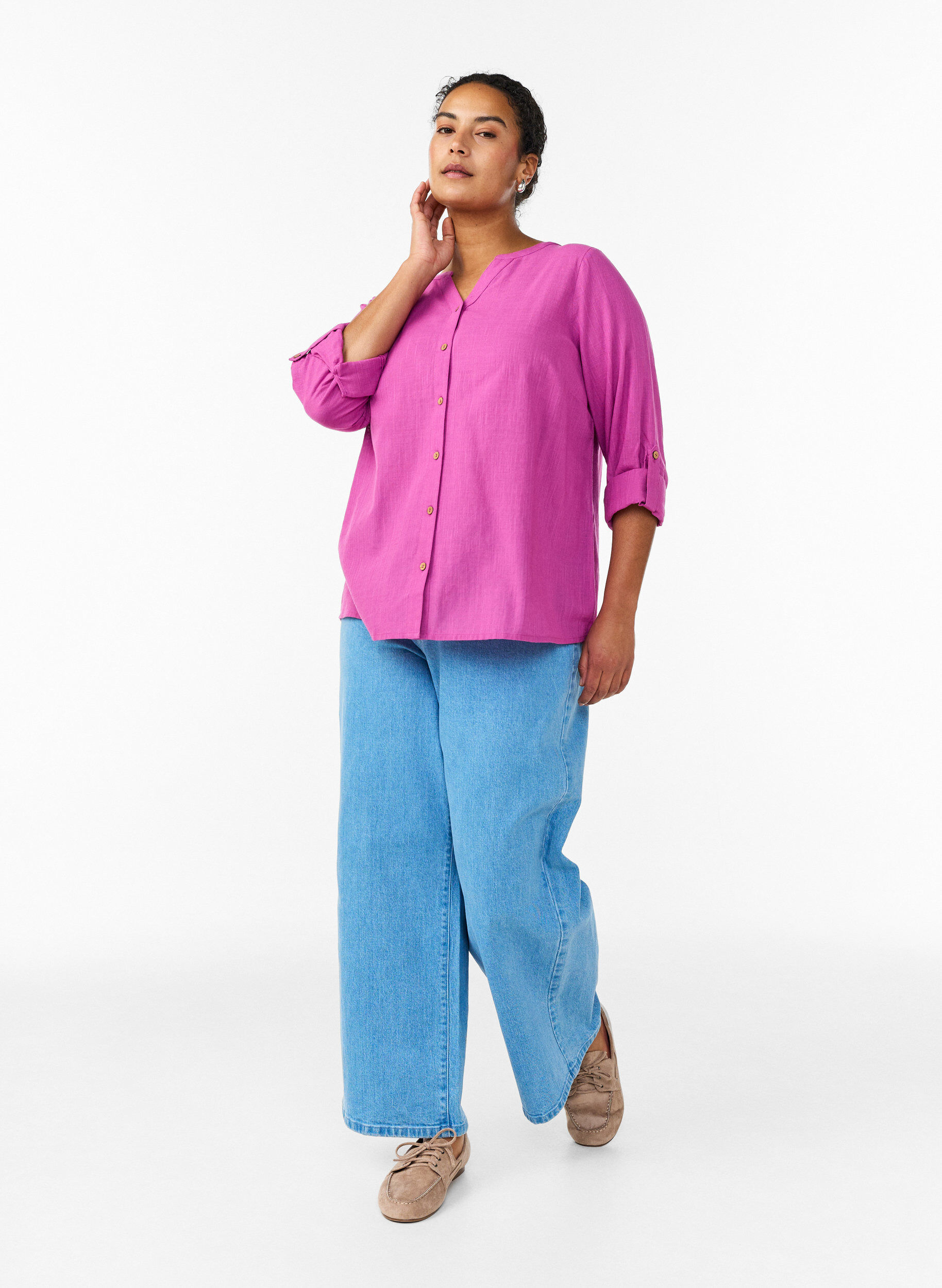 Zizzi Skjortblus i bomull med v-ringning, Rosa, Model image number 1