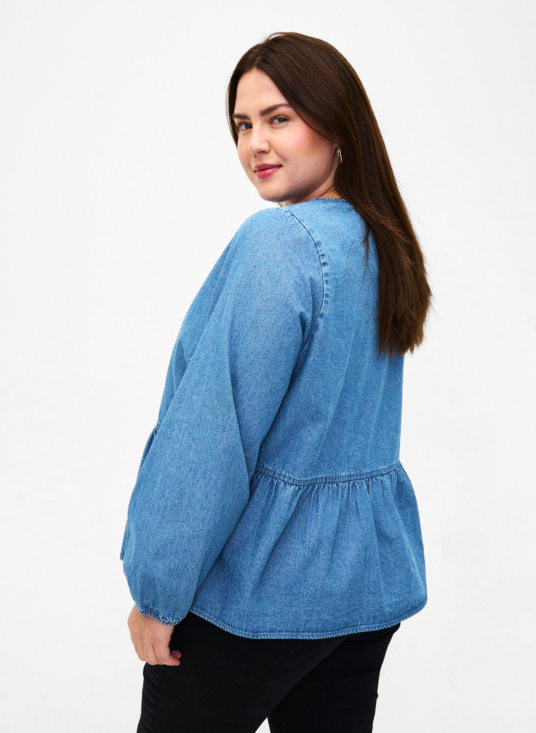 ZizziPeplum denimblus med knytband, Light Blue Denim, Model image number 1