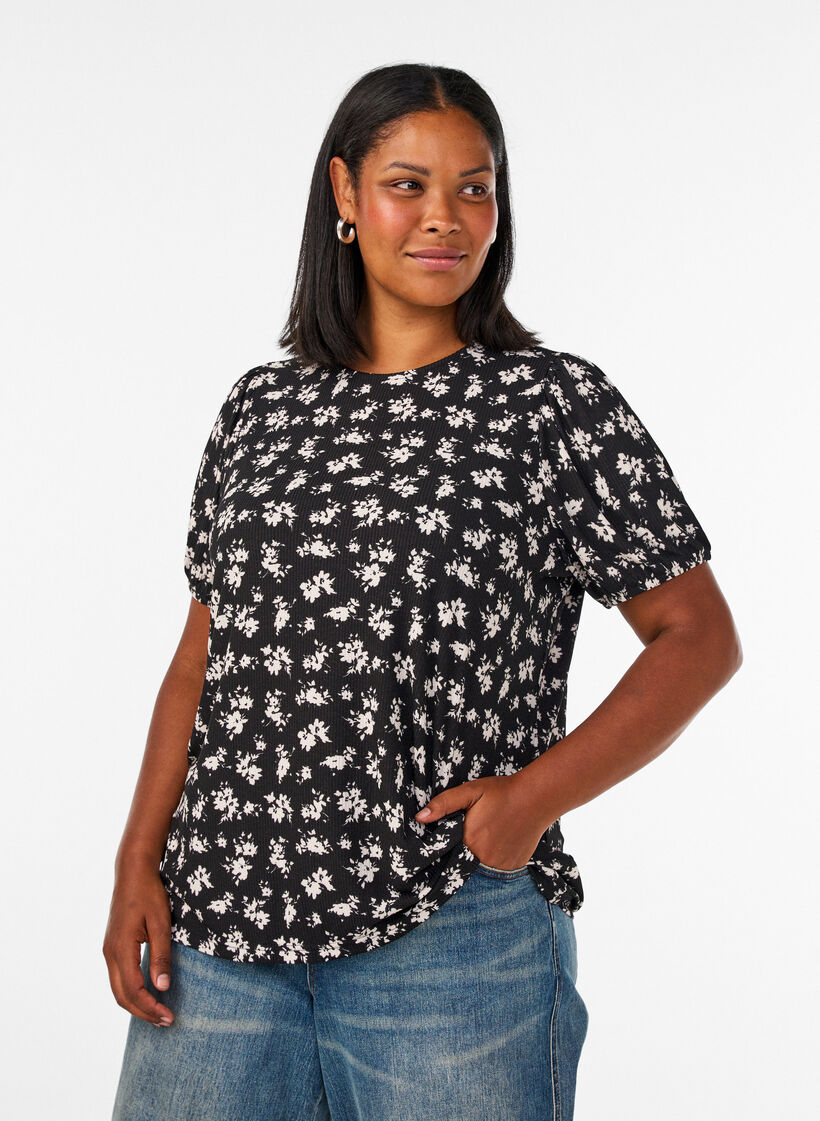 Blus med l&aring;nga &auml;rmar och blommigt tryck, Svart, Model image number 0