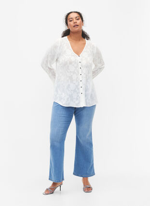 Långärmad skjorta med jacquard-look, Bright White, Model image number 2
