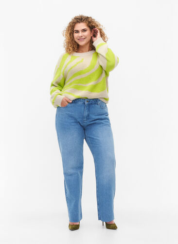 Raka jeans med rå kanter, Medium Blue, Model image number 0