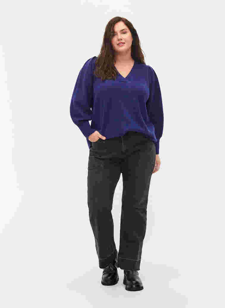 Melerad stickad tröja med puffärm och v-hals, Ultra Violet Mel., Model image number 2