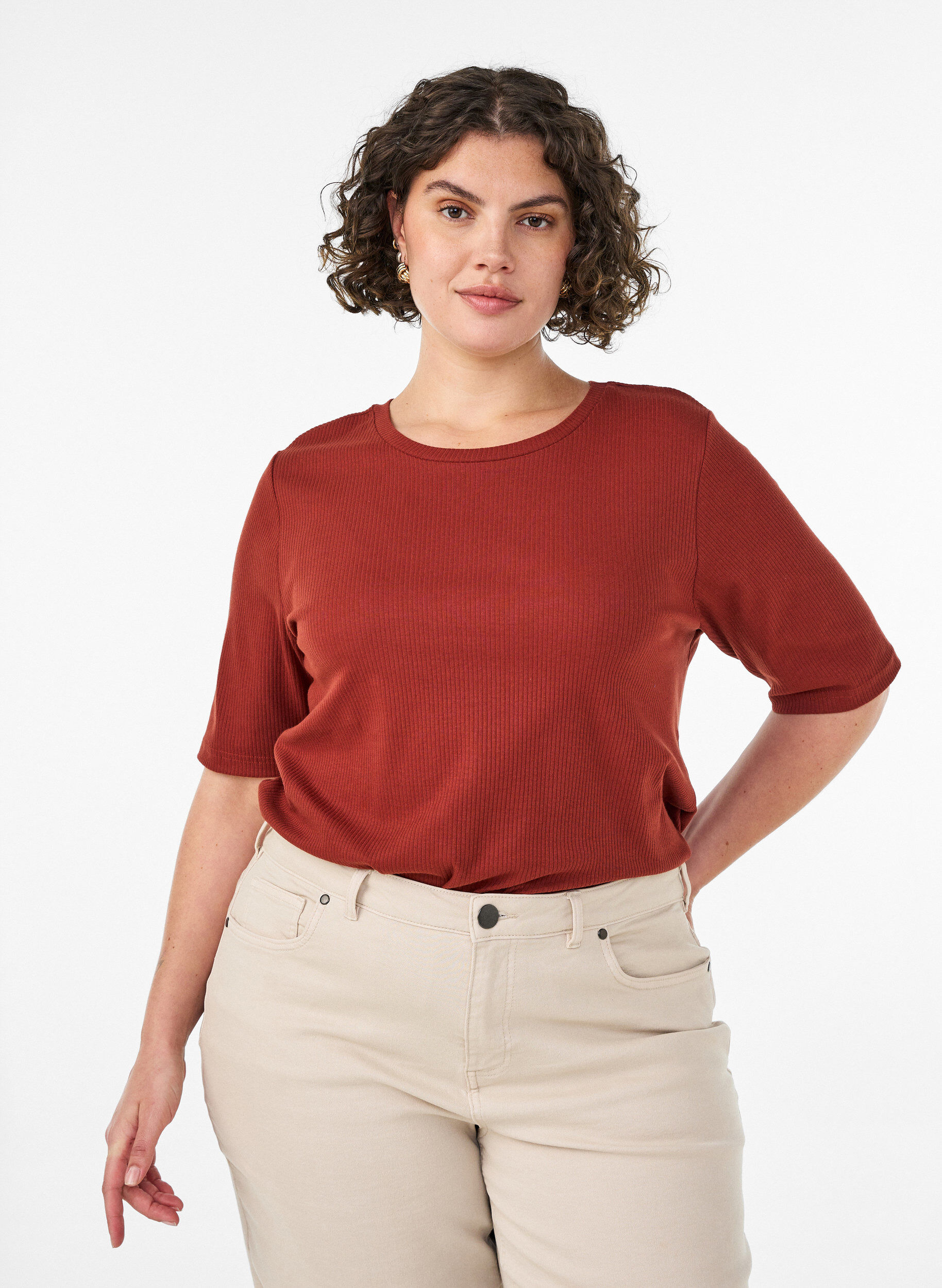 ZizziBlus i ribbad jersey med korta &auml;rmar, R&ouml;d, Model image number 0