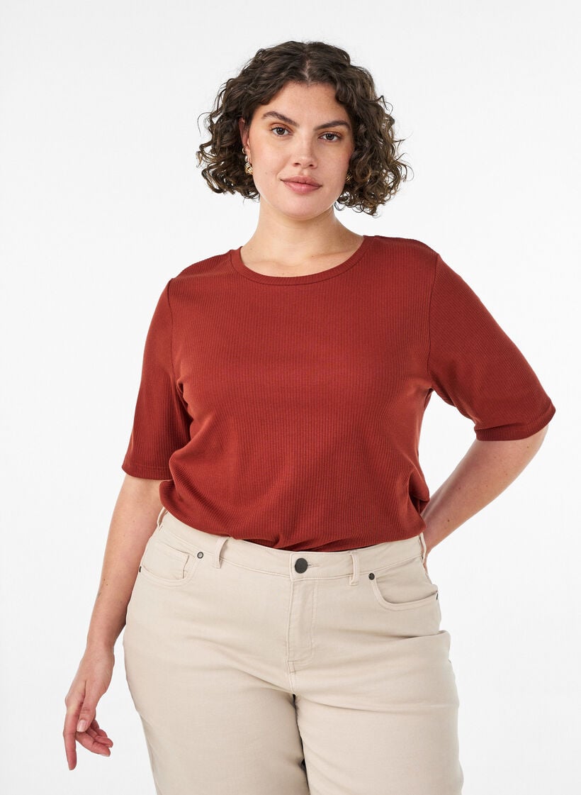 Blus i ribbad jersey med korta &auml;rmar, R&ouml;d, Model image number 0
