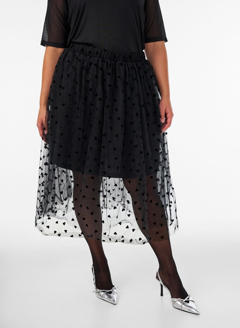 Midikjol i tyll med hj&auml;rtan, Svart, Model image number 0