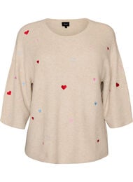 Stickad blus med hj&auml;rtan och 3/4-&auml;rmar, Beige