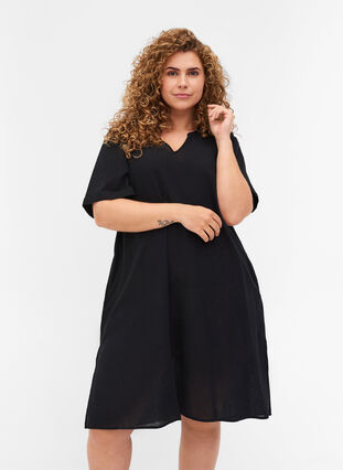Kortärmad klänning i bomullsmix med linne, Black, Model image number 0