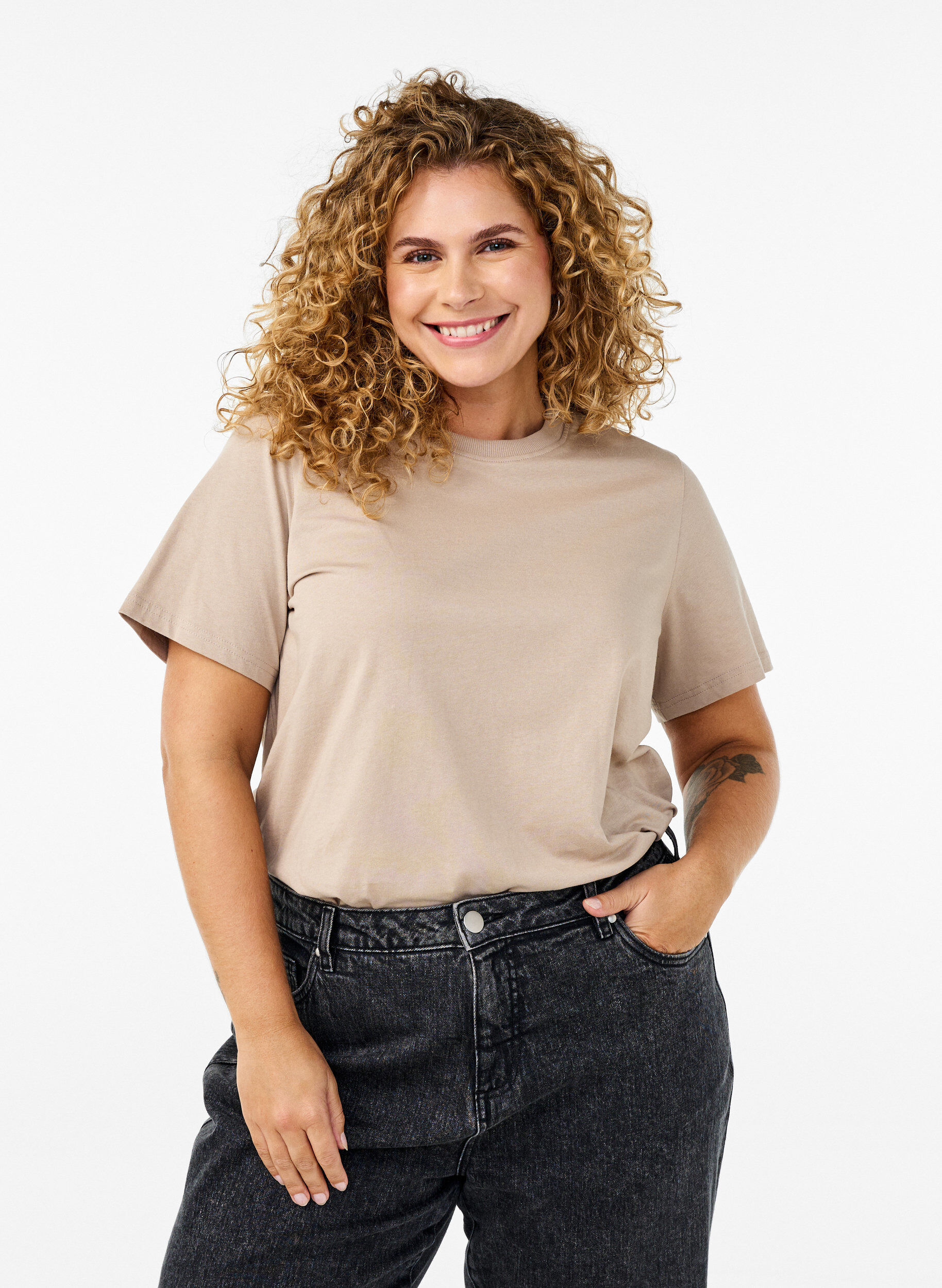 ZizziEnkel t-shirt i bomull med rund halsringning, Beige, Model image number 0
