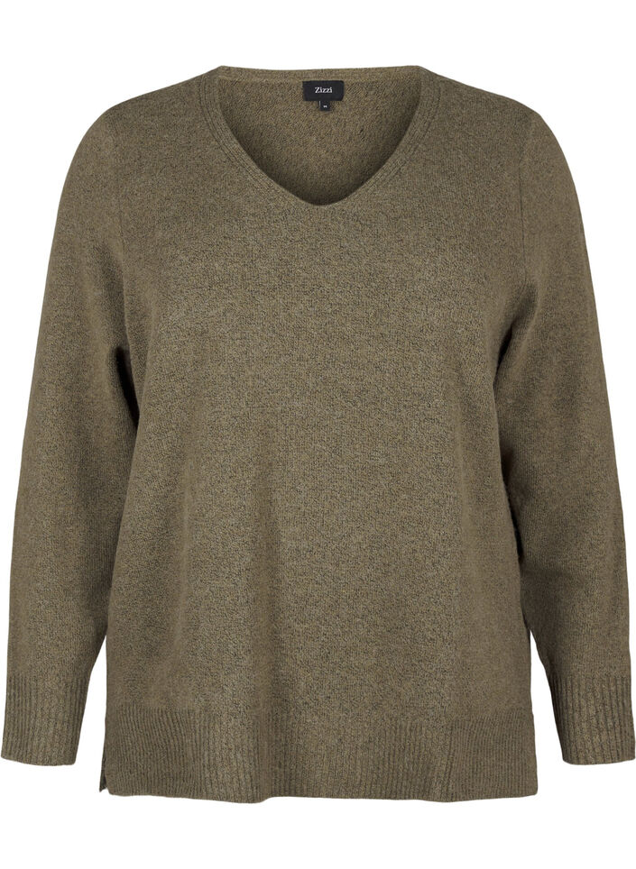 Stickad blus med V-ringning, Dusky G. Black Mel., Packshot image number 0