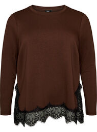 Blus i jersey med spetskant, Brun