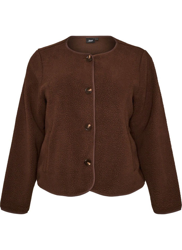 Teddyjacka med rund hals och knappar, Brun, Packshot image number 0