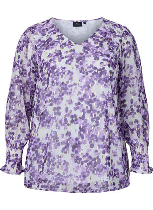 Blommig blus med långa ärmar och v-hals, Beige/Purple Flower, Packshot image number 0