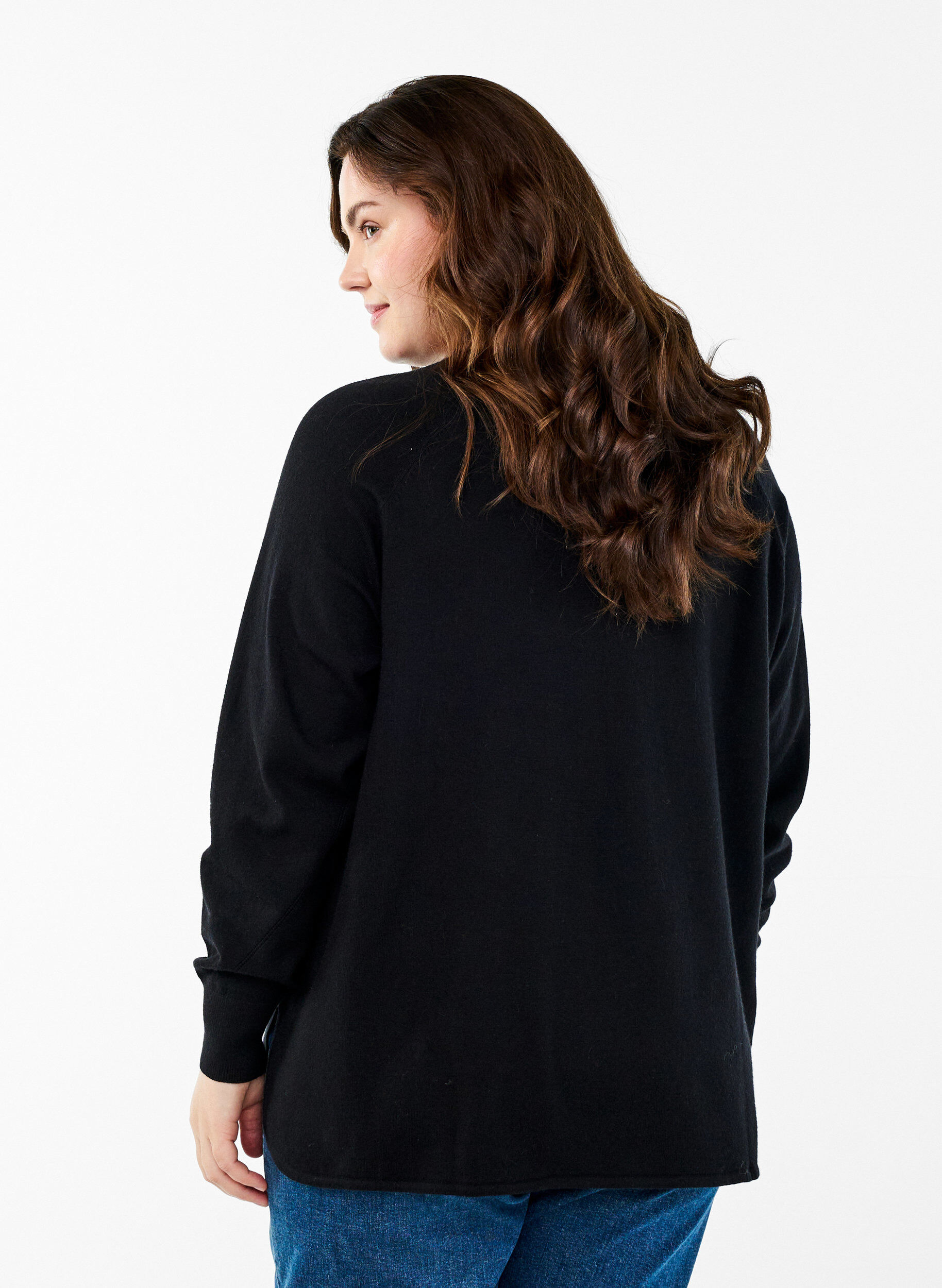 ZizziStickad blus med rund halsringning och stickat m&ouml;nster, Svart, Model image number 2