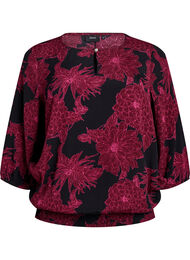 Blus i viskos med blomm&ouml;nster och smock, M&ouml;rk Bordeaux